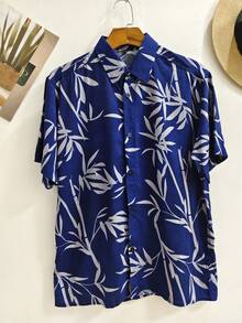 Men's Hawaiian Floral Beach Shirt, Summer Style, Short Sleeve, Button-Down, 100% Viscose Fabric (Shrinks A Little). - 寶藍色 - 查看 1
