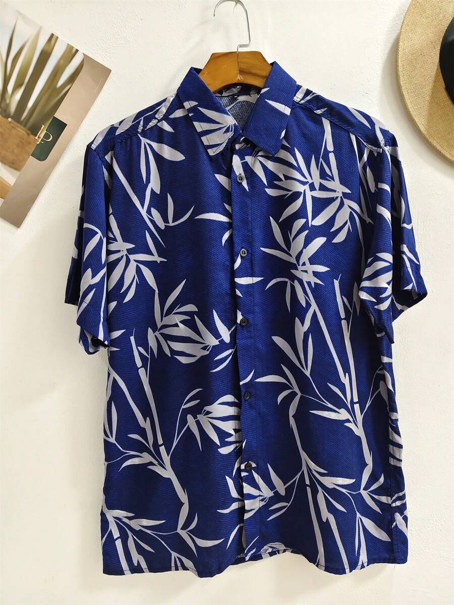 Men's Hawaiian Floral Beach Shirt, Summer Style, Short Sleeve, Button-Down, 100% Viscose Fabric (Shrinks A Little). - 寶藍色 - 查看 1
