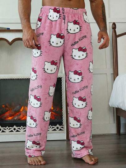  1pc Men's Casual Black Bottom Hello Kitty Pajama Pants, Sanrio Straight Leg Anime Costume, Autumn/Winter