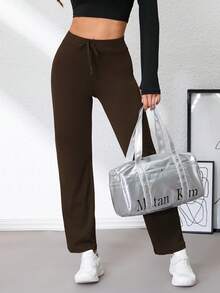 女士高腰直筒瑜伽裤，收腹提臀，抽绳设计，弹力舒适，适合健身房、跑步、旅行和户外健身活动，春季款 - 棕色 - 查看 2