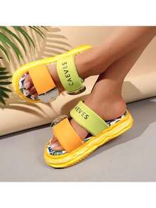 Sandal nữ đế dày, kiểu dáng tối giản, họa tiết graffiti Dopamine, có khóa dán. - Vàng - Xem 6