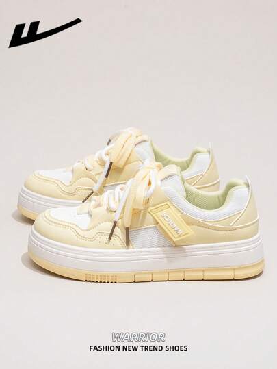  1 Pair WARRIOR Women's Thick Sole Lace-Up Soft Bottom Casual Shoes, Low-Top Outdoor Flat Shoes, Round Toe Low Heel Non-Slip Solid Color Elegant Soft Bottom Hiking Shoes, Suitable For Students, Graduation Photos, Flat Shoes, Low-Top Leather Sports Skateboard Shoes