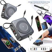 Portable charger for wall plug AC, magnetic wireless power bank with 6-in-1 integrated cables, 10000 mAh battery, 22.5 W Type-C input and output for fast charging - Gris - Ver 1