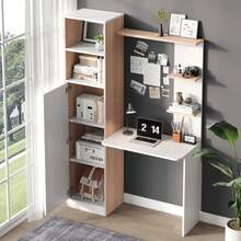 Desk/Work Table With Storage – White With Contrasting Slatted Wooden Top, Lower Cabinet With Doors And Open Upper Shelf, Office Design, 123.5 X 45 X 168.5 Cm