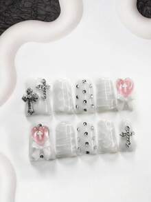 10pcs Gentle, Pure & Charming Nail Stickers Set, Acrylic Nail Art Kit, Including Silver Glitter Cross, White Bow, Light Pink Cross Heart, White Wave Pattern, Hand-Painted Asymmetrical Heart, Asymmetrical Silver Rhinestones, Fresh White Nail Polish Nails Nail Supplies - Multicolor - View 12