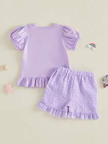Toddler Baby Girl Clothes Summer Short Sleeve Starfish Conch Seashell T-Shirt Ruffle Plaid Shorts Outfits 6M-4T - Màu tím - Xem 7