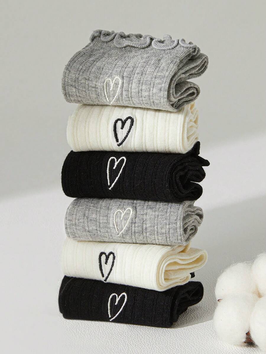 6双女士心形图案袜子，黑色、白色和灰色蕾丝边袜子，可搭配任何鞋子 - 彩色 - 查看 1