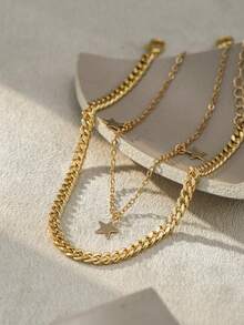 2pcs/Set Anklet: Gold Chain With Small Pendant + Multi-Layer Gold Textured Chain With Flat Cross Pendant And Star Charm, Unique Original Women Foot Jewelry Gift - Yellow Gold - View 2