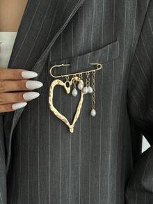 1pc Bohemian Geometric Chain Heart Pendant Faux Pearl Tassel Brooch, Elegant Fashion For Party, Casual, Wedding, Date, Women's Holiday Birthday, Versatile Jewelry Gift - Brooch - View 9