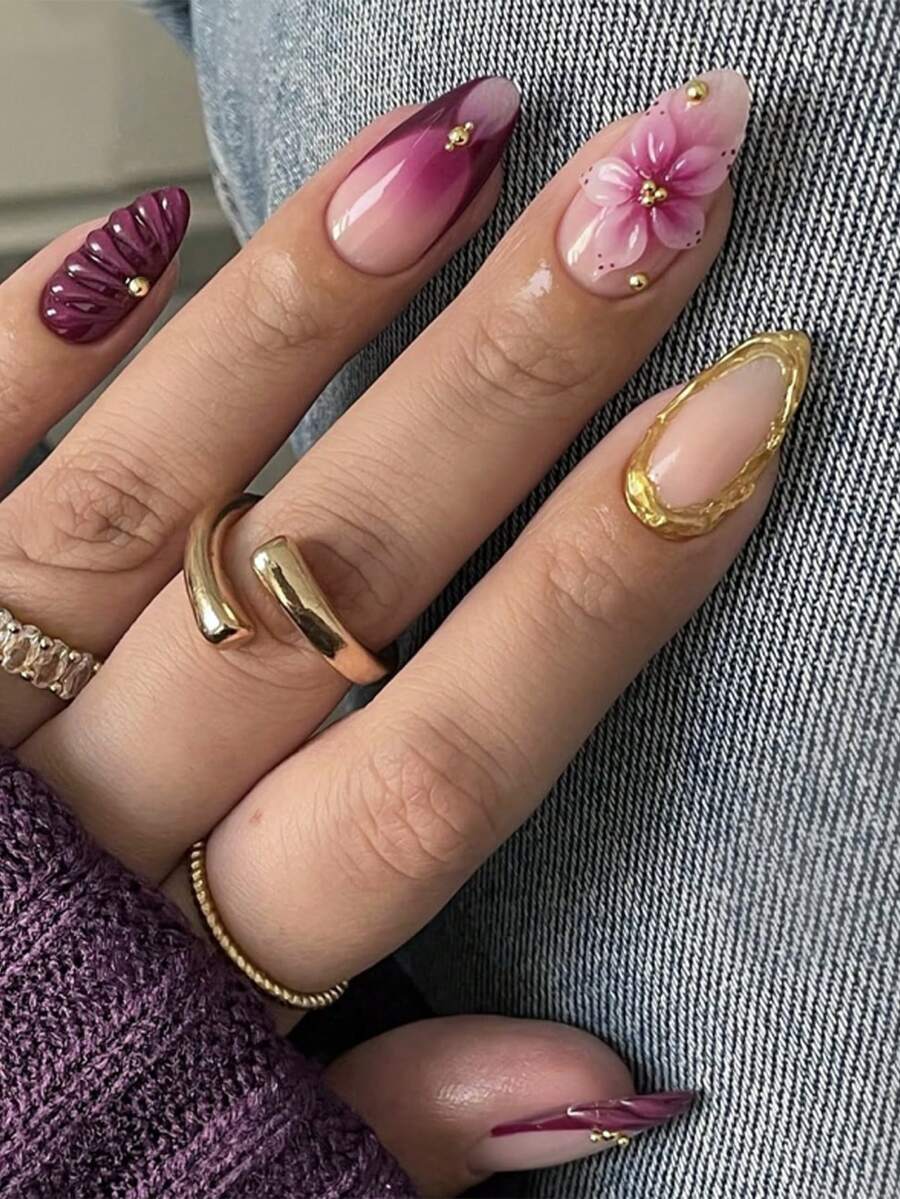 24 Pieces Of Long Almond-Shaped Press-On Nails, With European And French-Style Gradient Gold-Plated Gold Bead Flower Nails. Simple And Elegant Style, Reusable Design, Suitable For Women's Daily Use And Travel. Nail Supplies - Multicolor - View 1