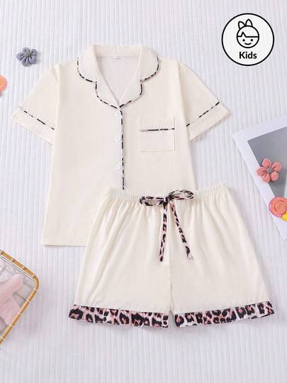Girls' Simple Solid Color Patchwork Leopard Trim Short Sleeve Shorts Pajamas, Comfortable Soft Sweet Sleepwear For Little Girls, New Style Lapel Cardigan Blouse Short Sleeve Loose Ruffle Hem Shorts Casual Comfortable Fashion Pajama Set, Suitable For Girls Everyday Wear, Gathering, Party, Vacation