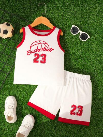 2pcs/Set Young Boys Casual Outdoor Comfortable Cute Sports Fashion Gift, 23# Basketball English Print Sleeveless Top And Shorts Set, Suitable For Summer