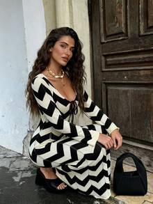 Women's Romantic French Retro Sexy Elegant Casual Vacation Comfortable Travel Contrast Color V-Neck Knitted Bow Tie Front Maxi Dress, Suitable For Daily, Evening Date, Beach, Country Music Festival, Brunch, Spring/Summer - Black and White - View 10