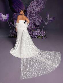 Faeriesty 优雅加大码白色纹理真丝婚纱 - 无肩带心形领口，鱼尾裙摆，可拆卸3D立体花卉网纱披肩和拖尾 | 适合婚礼仪式、婚宴、订婚派对、正式婚礼活动 春季 - 白色 - 查看 4