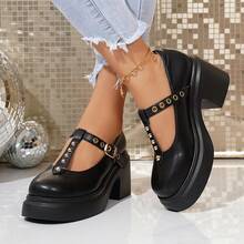Women's Retro Mary Jane Pumps, Thick Heel, Waterproof Platform, Studded, British Style Leather Shoes - Black - View 6