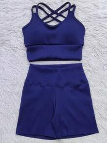 Ribbed Summer Set - Shorts And Top For Gym - Navy Blue - View 3