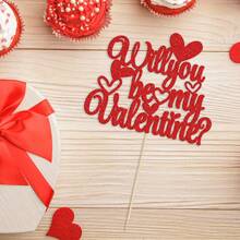 1pc Red & Pink "Will You Be My Valentine?" Cake Topper, Decoration For Valentine's Day Proposal Party - Red - View 3