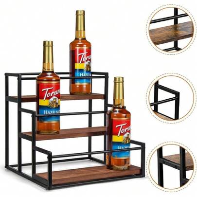 3-Tier Wine Rack For Countertop, Wood & Metal Storage Shelf For Wine Bottles, Spices, Or Liquor, Coffee Syrup Rack Organizer (Black),39691535