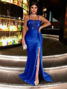 CHOSMO Đầm dự tiệc sang trọng, phối sequin, xẻ cao, dây mảnh, kiểu dáng thường ngày, thích hợp cho đám cưới, mùa xuân. - Màu xanh lam - Xem 9