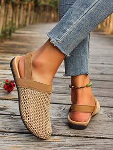 驼色拼接网眼后跟绑带踝带欧美风女凉鞋，双层鞋底圆头休闲百搭夏季透气度假沙滩时尚凉鞋，通勤日常穿着皆宜。 - 駝色 - 查看 3