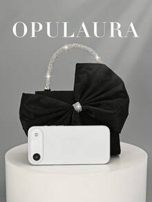Túi xách dạ hội OpulAura dành cho nữ, màu đen satin thanh lịch, nắp gập, đính nơ pha lê lấp lánh, túi cầm tay dự tiệc sang trọng, túi đeo vai chéo có dây xích, phù hợp cho các buổi dạ tiệc, sinh nhật, đám cưới, phụ kiện cô dâu. - màu đen - Xem 7