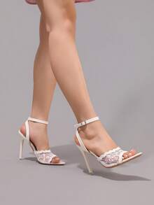 时尚蕾丝刺绣高跟凉鞋，性感尖头派对晚宴婚礼鞋，超细高跟，白色 - 白色 - 查看 10