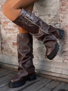 2025新款女式制服靴，真皮圆头粗跟防水厚底过膝长靴，四季皆宜，褶裥筒状设计，侧拉链和搭扣，时尚棕色女士高筒靴，尺码偏小一码