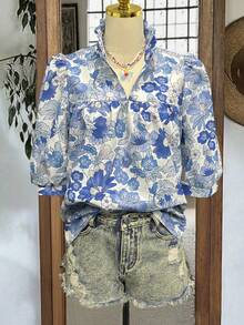 Blusa holgada de manga de murciélago con cuello en V, plisada, de estampado azul marino, para uso casual y vacaciones, primavera/verano - Azul y blanco - Ver 3