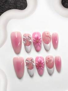 10片甜美少女风美甲贴纸，凝胶美甲套装，半透明粉色渐变腮红美甲装饰，手工渐变五瓣粉色花朵，闪亮白色蝴蝶结，粉白五瓣花美甲配件，优雅简约美甲风格，白色指甲油，精致礼品美甲用品 - 彩色 - 查看 12