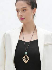 1件简约奢华金色菱形合金吊坠长项链，波西米亚风串珠颈链，女士礼物，情人节、母亲节、送给女友、闺蜜、妈妈的礼物 - 串珠 - 查看 5