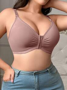 1pc Women Plus Size Comfortable Minimalist Front Closure Wireless Nursing Bra, Knit Fabric - Dusty Pink - View 3