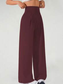 Women's Solid Color High Waisted Pleated Pocket Wide Leg Sports Pants, Comfortable Sports Wide Leg High Waisted Casual Pants, Often Casual In Spring, Autumn, And Winter - 酒紅色 - 查看 10