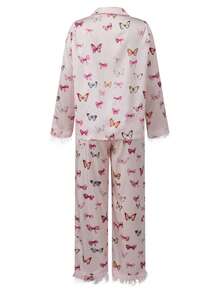 Women's Spring Pajamas Set Print Button Down Lapel V Neck Long Sleeve Tops With Pants Lounge Wear 2 Pcs Set - Pink - View 2