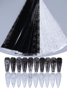 20片黑色蕾丝花朵美甲印花贴纸，适合情人节美甲设计，浪漫星空美甲贴纸，全甲DIY装饰，美甲用品 - 彩色 - 查看 9