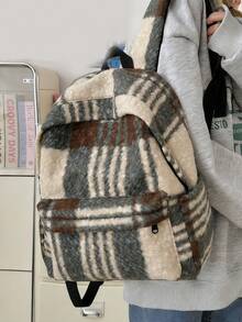 Women's Functional Backpack, British Style Bookbag, Retro Plaid Wool Felt Backpack, Versatile For Students And Daily Use - Green - View 5