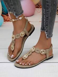2022 Summer New Flat Sandals For Women, Plus Size Rhinestone Thong Design Elastic Back Strap Flat Heel Summer Sandals,Beach Outfits,Flip Flops - Grey - View 3
