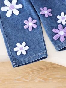 2pcs Baby Girls Casual Purple Cap Sleeve Top + Blue Pants Set, Spring/Summer - Mauve Purple - View 6