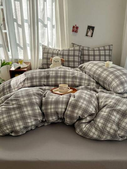 3pcs Thickened Polyester Retro Plaid Print Bedding Set, Suitable For Boys, Girls, Dorm, Bedroom, Zipper Closure, All Season, Soft & Breathable, Fit For Twin, Full, Queen, King Bed (1 Duvet Cover, 2 Pillow Shams, No Filler)