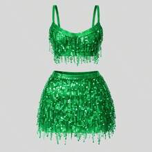 Women's Carnival Set: Sparkling Top And Skirt With Fringe And Sequins - 銀色 - 查看 4