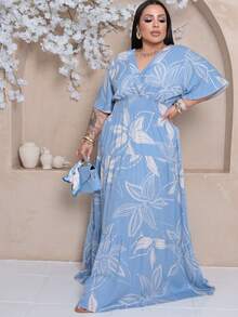 Plus Size Long Dress With V-Neck And Short Sleeves - NV Blue Print - View 3