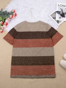 Plus Size Women Striped V-Neck Casual T-Shirt Summer - Brown - View 3