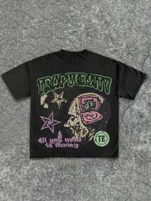 Trapversity-Urban-Inspired Graphic Tee,Casual Print,Comfortable And Versatile,Letter Pattern Pure Cotton Printed T-Shirt - Black - View 1