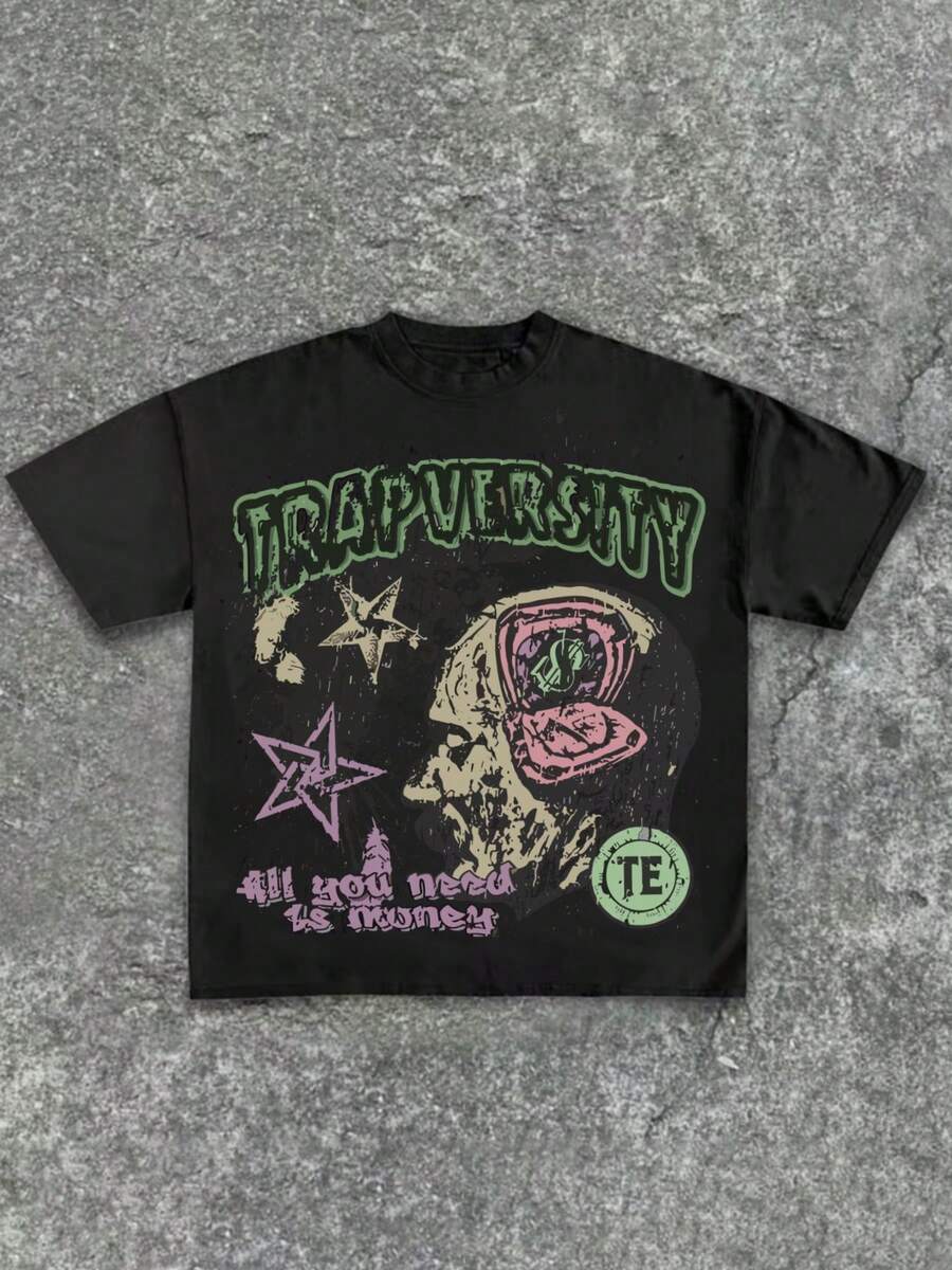 Trapversity-Urban-Inspired Graphic Tee,Casual Print,Comfortable And Versatile,Letter Pattern Pure Cotton Printed T-Shirt - Black - View 1