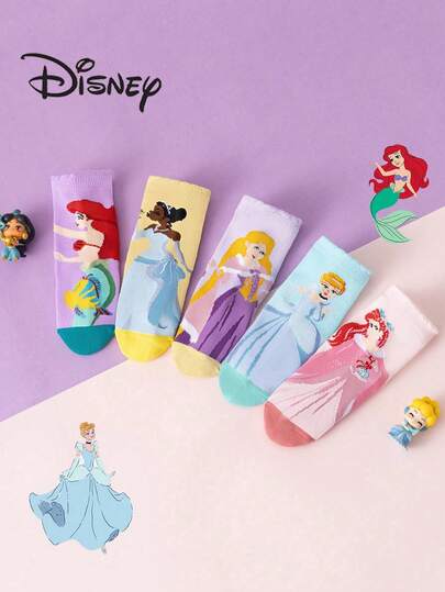 Disney 10/5 双装迪士尼公主可爱女童袜，艾莎、美人鱼公主图案，中筒袜，韩版卡通，男童冬季透气婴儿/学生短袜