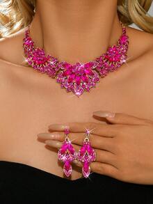 3件套女士时尚首饰 - 耳环+项链，波西米亚风蓝色水钻闪亮高端时尚首饰套装，派对/礼物