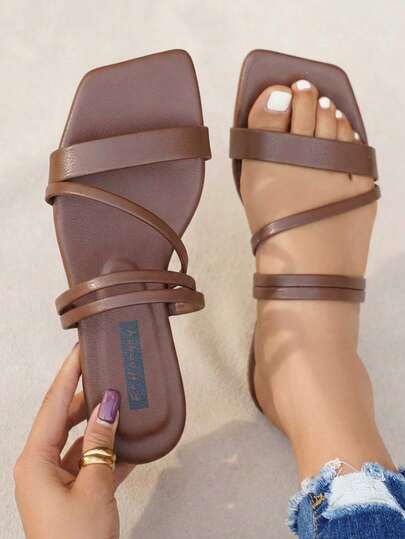 planare Women's Fashion Casual Vacation Style Square Toe PU Slip-On Comfortable Lightweight Summer Outdoor/Indoor Brown Sandals, Women's Flat Slide Sandals