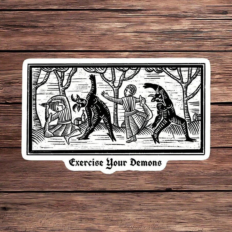 1PC Exercise Your Demons Gothic Sticker, Medieval Witch Demon Dance Vinyl, Dark Humor Mental Health Decal, Waterproof Witchcore Laptop Tumbler Sticker, Woodcut Art Accent, Trending Dancing With Demons, Perfect Gift For Dark Academia Goths, Black White Medieval Car Decal, Exorcise Demons Water Bottle Vinyl - 黑與白 - 查看 1