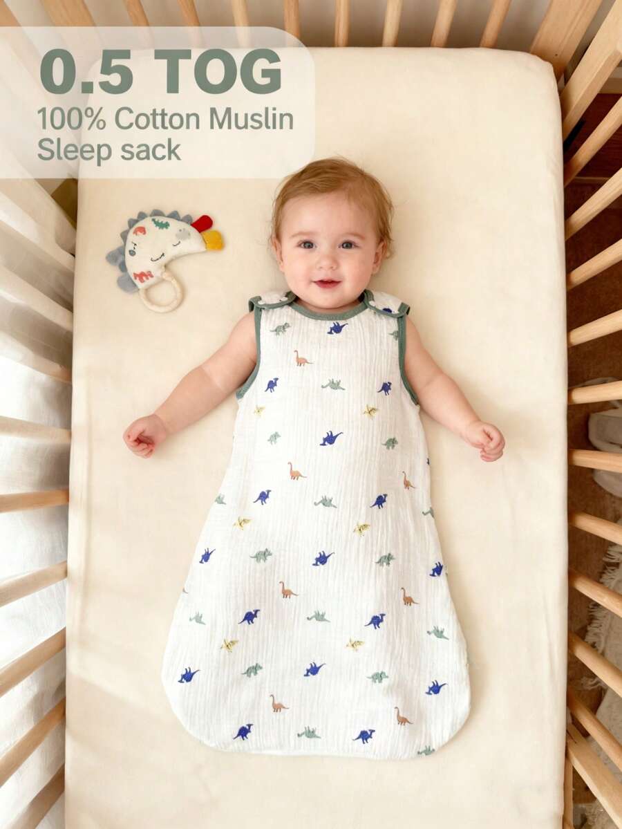 Soft Breathable 0.5 TOG Sleeping Bag | Baby Sleeveless 100% Cotton Crinkle Gauze Muslin Sleepsack For Spring Summer Dinosaur Printed Sleep Sack 0-18M - Dinosaur - View 1