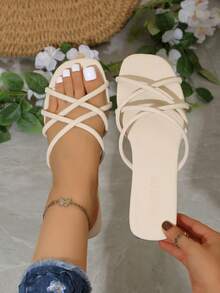 白色女士高跟凉鞋，交叉绑带高跟凉鞋，时尚夏季套脚高跟凉鞋，百搭优雅 - 白色 - 查看 8