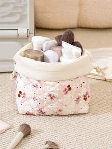 1Pc Flower/Rose/Bow Print Quilting Desktop Upright Drawstring Storage Bag Multifunctional Storage Basket Storage Bucket,Girls Large Capacity Cosmetic Organizer Bag Makeup Bag Toiletry Bag Camera Bag Pencil Holder Cabinet Storage Products,Skincare Storage Basket,Women Cute Make Up Storage Drawstring Bag